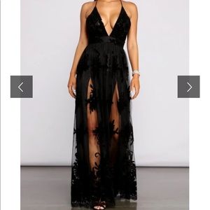 Long Black deep v Dress Morgan floral flocked velvet dress from Windsor small